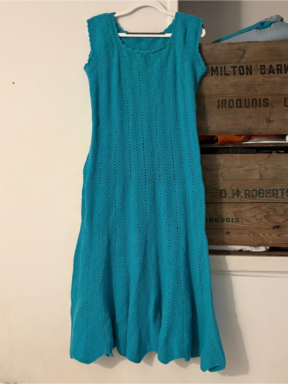 Gorgeous Hand Knit Sleeveless Teal Knit Midi Dress Size Small